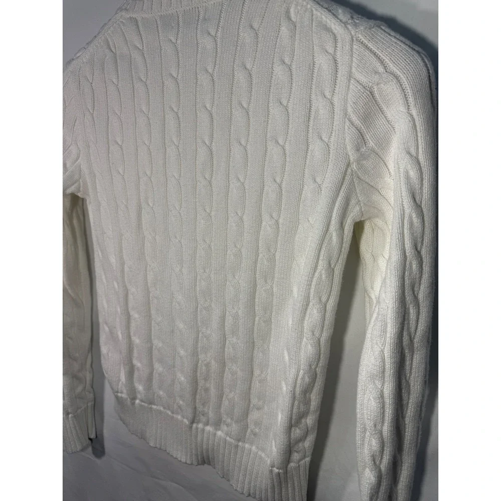 Polo Ralph Lauren White Cable Knit Cotton Sweater Crew Neck Navy Pony Small SP